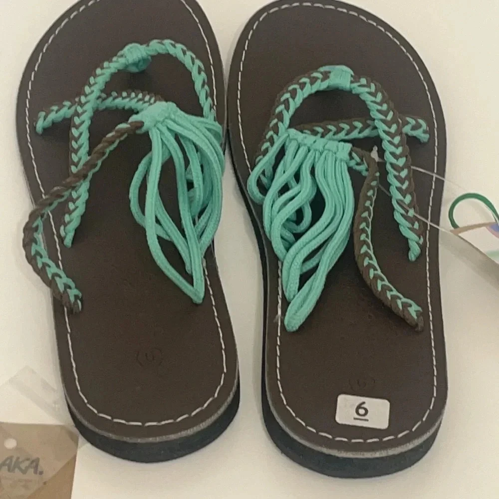 Plaka Flip Flops Thong Sandals Teal Brown size 6 / free toe ring - Picture 9 of 16